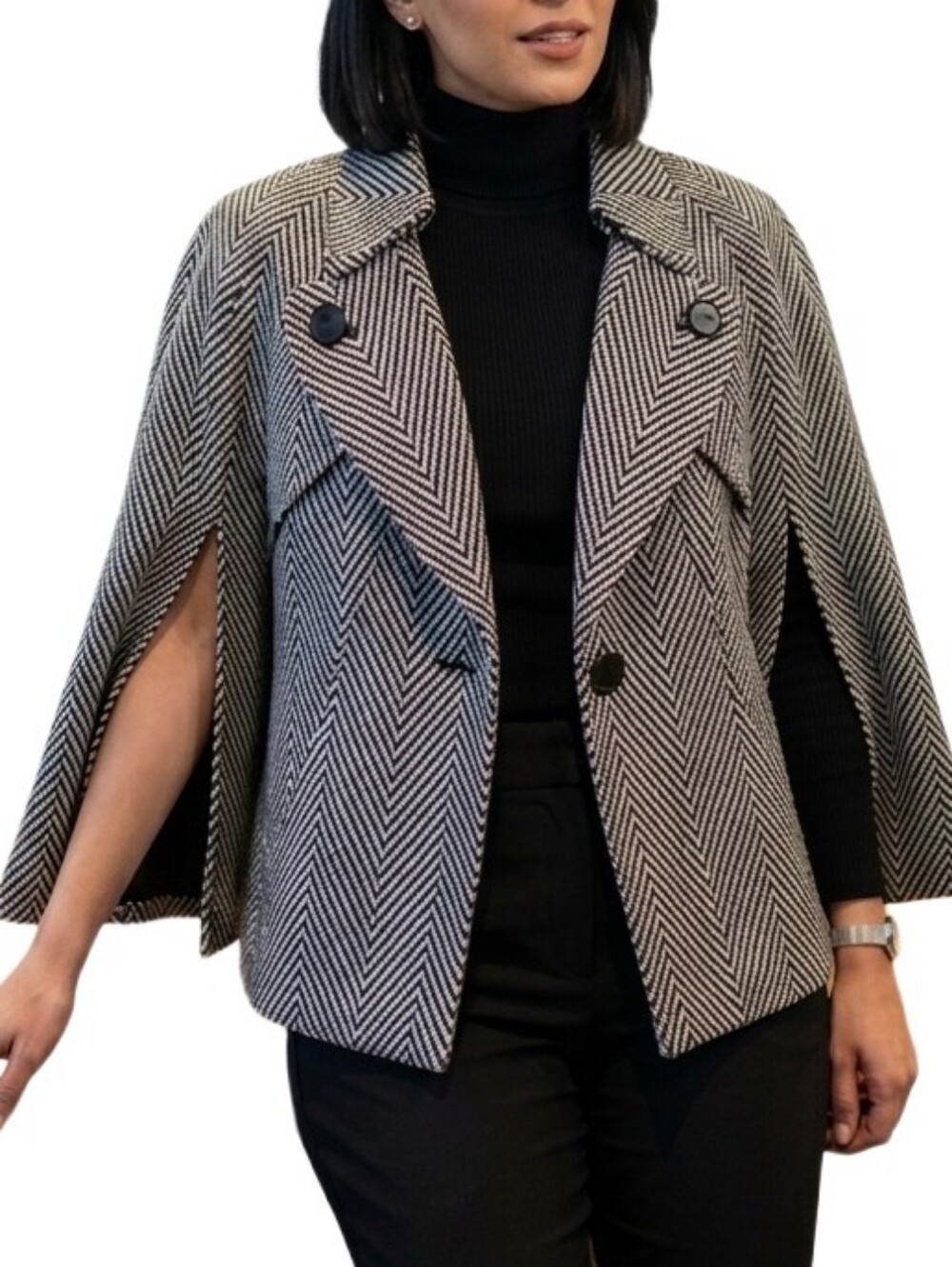 Herringbone Cape Jacket Blazer Black and White  Sz 16